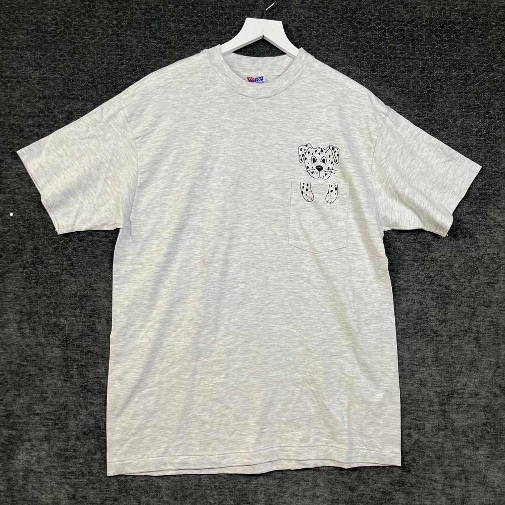 Hanes T-Shirt Men Large Gray Good Vintage Single Stitch Pocket Dalmatian USA